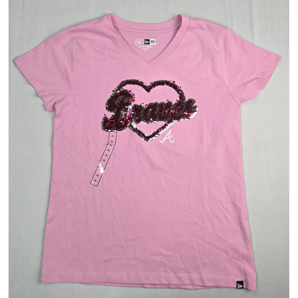 New Era Atlanta Braves Girls Pink Sequin Heart V-Neck T-Shirt XL 14/16 MLB NWT